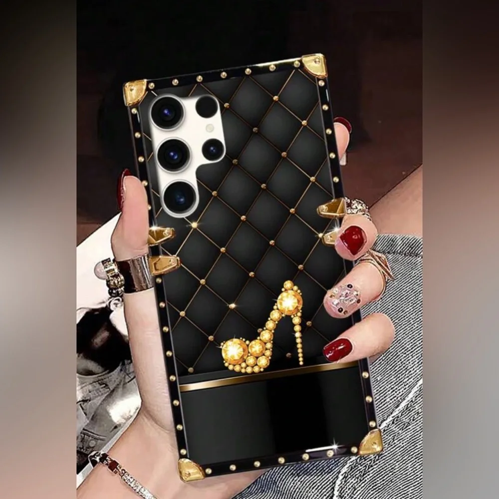 Black and Gold Phone Case with Heel Design